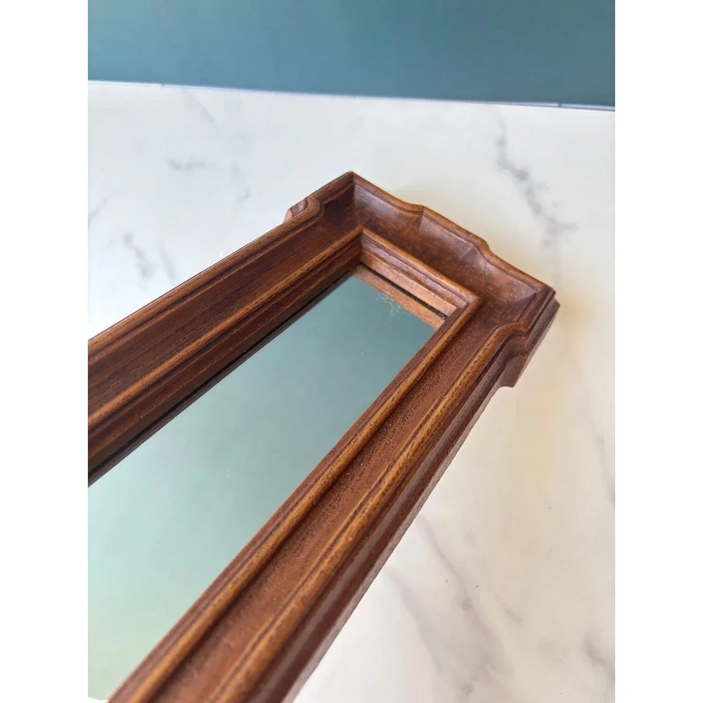 Vintage Faux Wood Narrow Wall Mirror Rectangular Scalloped Frame 13.5x4.5 Brown